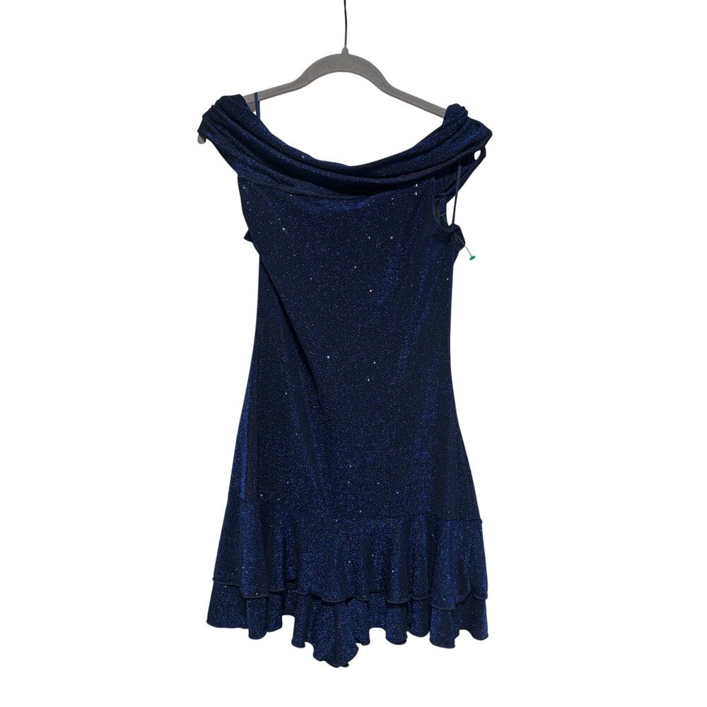 CHICME Women's Navy Blue Glitter Off Shoulder Ruffle Mini Dress Size L - Picture 7 of 7
